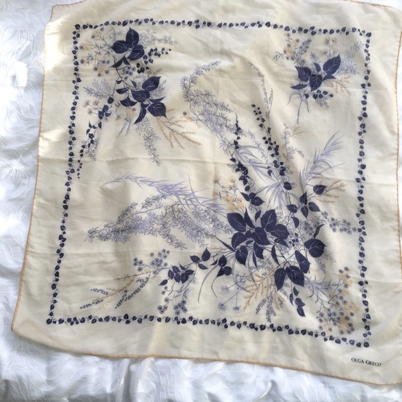 Olga Greco Square Scarf Beige Blue Floral Hand Rol - Picture 1 of 7